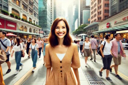 a lady walking in the city crowd