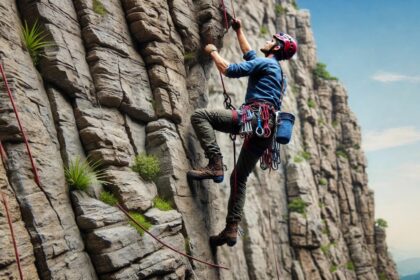 depiction of a man climbing a cliff