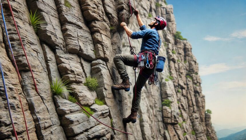 depiction of a man climbing a cliff