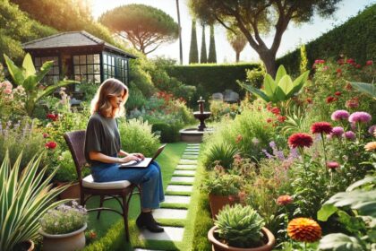 _woman working on a laptop while sitting in a garden