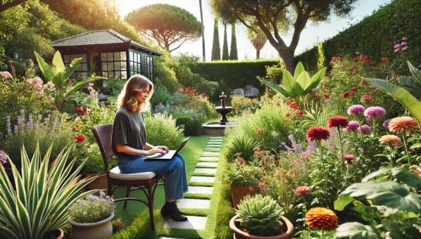 _woman working on a laptop while sitting in a garden